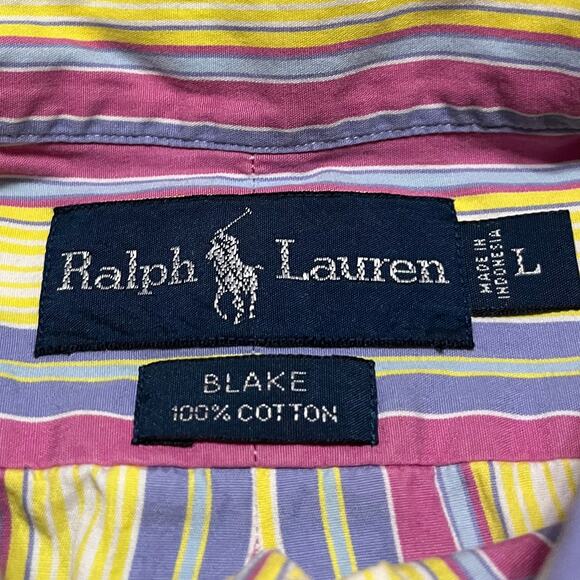 Polo Ralph Lauren Cropped Distressed Bright Yellow/Pink Button Up Large - Picture 3 of 6